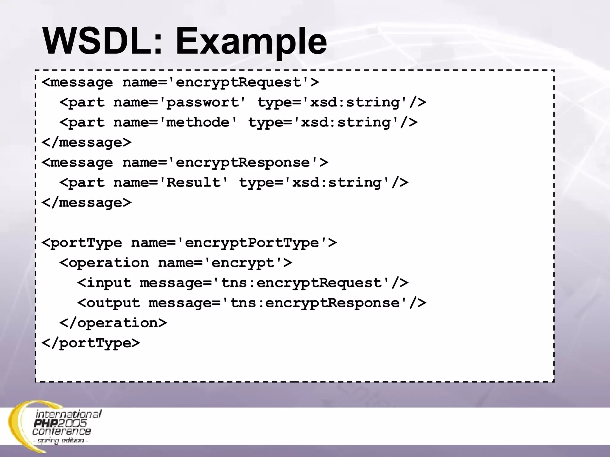 WSDL: Example <message name='encryptRequest'> <part name='passwort' type='xsd:string'/> <part name='methode' type='xsd:string'/> </message> <message name='encryptResponse'> <part name='Result' type='xsd:string'/> </message> <portType name='encryptPortType'> <operation name='encrypt'> <input message='tns:encryptRequest'/> <output message='tns:encryptResponse'/> </operation> </portType> 