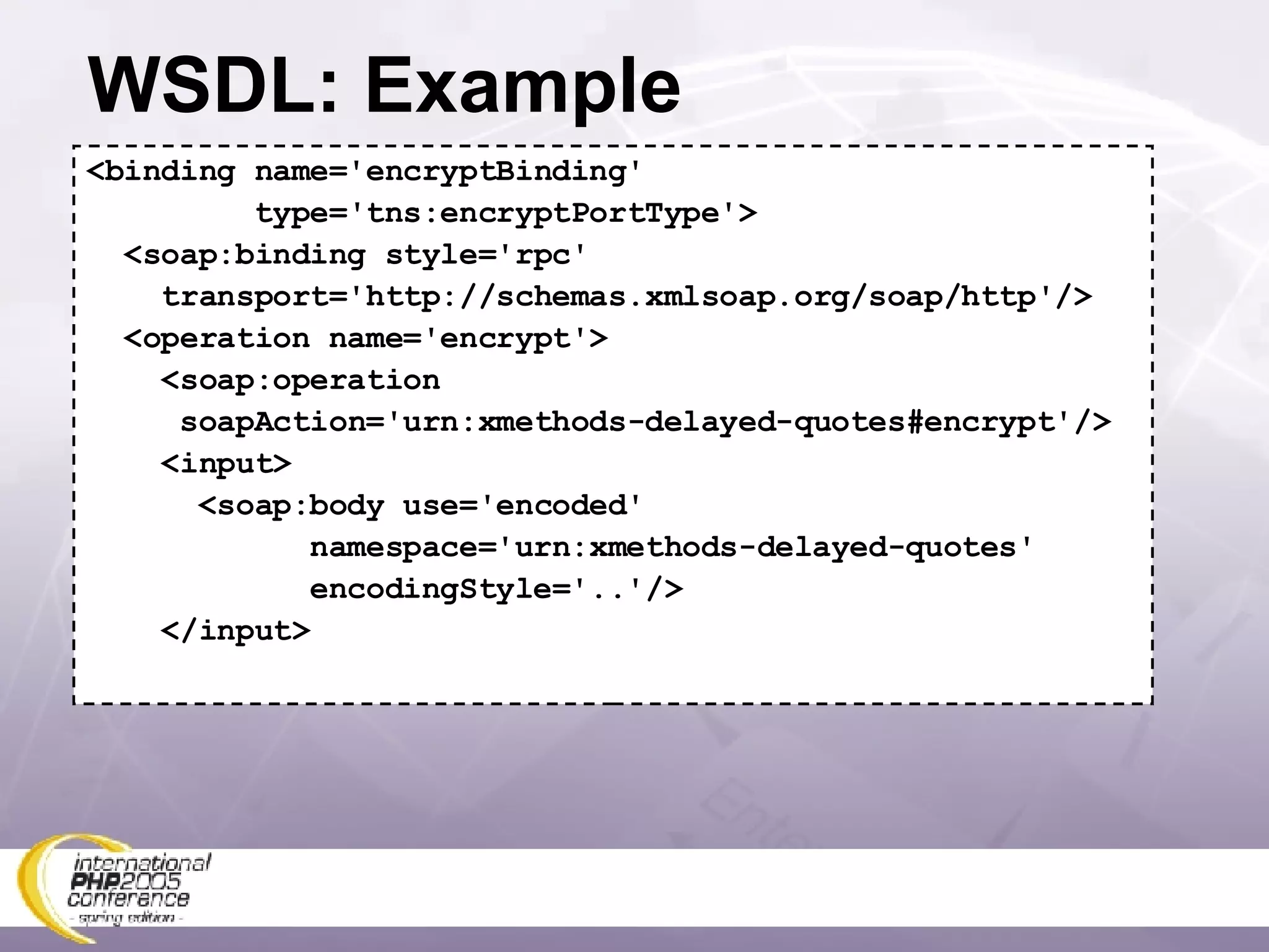 WSDL: Example <binding name='encryptBinding' type='tns:encryptPortType'> <soap:binding style='rpc' transport='http://schemas.xmlsoap.org/soap/http'/> <operation name='encrypt'> <soap:operation soapAction='urn:xmethods-delayed-quotes#encrypt'/> <input> <soap:body use='encoded' namespace='urn:xmethods-delayed-quotes' encodingStyle='..'/> </input> 