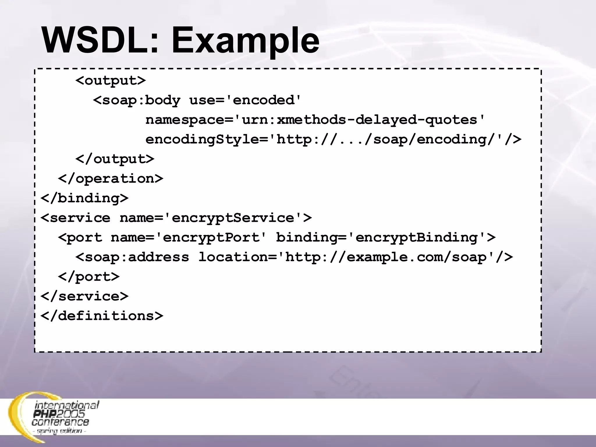 WSDL: Example <output> <soap:body use='encoded' namespace='urn:xmethods-delayed-quotes' encodingStyle='http://.../soap/encoding/'/> </output> </operation> </binding> <service name='encryptService'> <port name='encryptPort' binding='encryptBinding'> <soap:address location='http://example.com/soap'/> </port> </service> </definitions> 