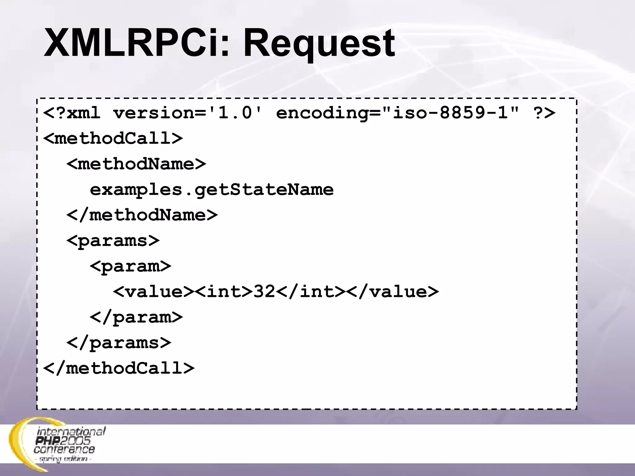XMLRPCi: Request <?xml version='1.0' encoding=&quot;iso-8859-1&quot; ?> <methodCall> <methodName> examples.getStateName </methodName> <params> <param> <value><int>32</int></value> </param> </params> </methodCall> 