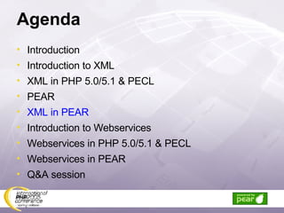 Agenda Introduction Introduction to XML XML in PHP 5.0/5.1 & PECL PEAR XML in PEAR Introduction to Webservices Webservices in PHP 5.0/5.1 & PECL Webservices in PEAR Q&A session 