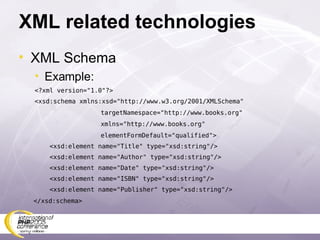 XML related technologies XML Schema Example: <?xml version=&quot;1.0&quot;?> <xsd:schema xmlns:xsd=&quot;http://www.w3.org/2001/XMLSchema&quot; targetNamespace=&quot;http://www.books.org&quot; xmlns=&quot;http://www.books.org&quot; elementFormDefault=&quot;qualified&quot;> <xsd:element name=&quot;Title&quot; type=&quot;xsd:string&quot;/> <xsd:element name=&quot;Author&quot; type=&quot;xsd:string&quot;/> <xsd:element name=&quot;Date&quot; type=&quot;xsd:string&quot;/> <xsd:element name=&quot;ISBN&quot; type=&quot;xsd:string&quot;/> <xsd:element name=&quot;Publisher&quot; type=&quot;xsd:string&quot;/> </xsd:schema> 