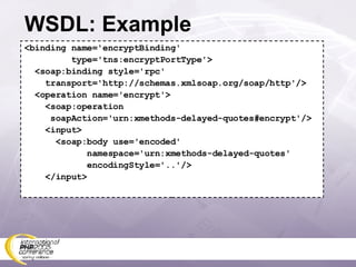 WSDL: Example <binding name='encryptBinding' type='tns:encryptPortType'> <soap:binding style='rpc' transport='http://schemas.xmlsoap.org/soap/http'/> <operation name='encrypt'> <soap:operation soapAction='urn:xmethods-delayed-quotes#encrypt'/> <input> <soap:body use='encoded' namespace='urn:xmethods-delayed-quotes' encodingStyle='..'/> </input> 