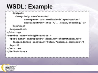 WSDL: Example <output> <soap:body use='encoded' namespace='urn:xmethods-delayed-quotes' encodingStyle='http://.../soap/encoding/'/> </output> </operation> </binding> <service name='encryptService'> <port name='encryptPort' binding='encryptBinding'> <soap:address location='http://example.com/soap'/> </port> </service> </definitions> 
