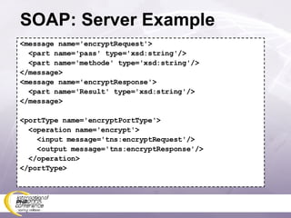 SOAP: Server Example <message name='encryptRequest'> <part name='pass' type='xsd:string'/> <part name='methode' type='xsd:string'/> </message> <message name='encryptResponse'> <part name='Result' type='xsd:string'/> </message> <portType name='encryptPortType'> <operation name='encrypt'> <input message='tns:encryptRequest'/> <output message='tns:encryptResponse'/> </operation> </portType> 