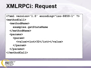 XMLRPCi: Request <?xml version='1.0' encoding=&quot;iso-8859-1&quot; ?> <methodCall> <methodName> examples.getStateName </methodName> <params> <param> <value><int>32</int></value> </param> </params> </methodCall> 