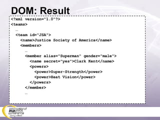 DOM: Result <?xml version=&quot;1.0&quot;?> <teams> … <team id=&quot;JSA&quot;> <name>Justice Society of America</name> <members> … <member alias=&quot;Superman&quot; gender=&quot;male&quot;> <name secret=&quot;yes&quot;>Clark Kent</name> <powers> <power>Super-Strength</power> <power>Heat Vision</power> </powers> </member> … 