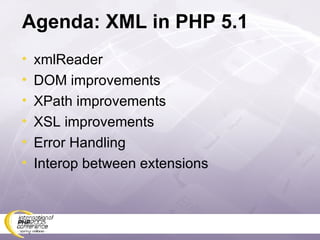 Agenda: XML in PHP 5.1 xmlReader DOM improvements XPath improvements XSL improvements Error Handling Interop between extensions 
