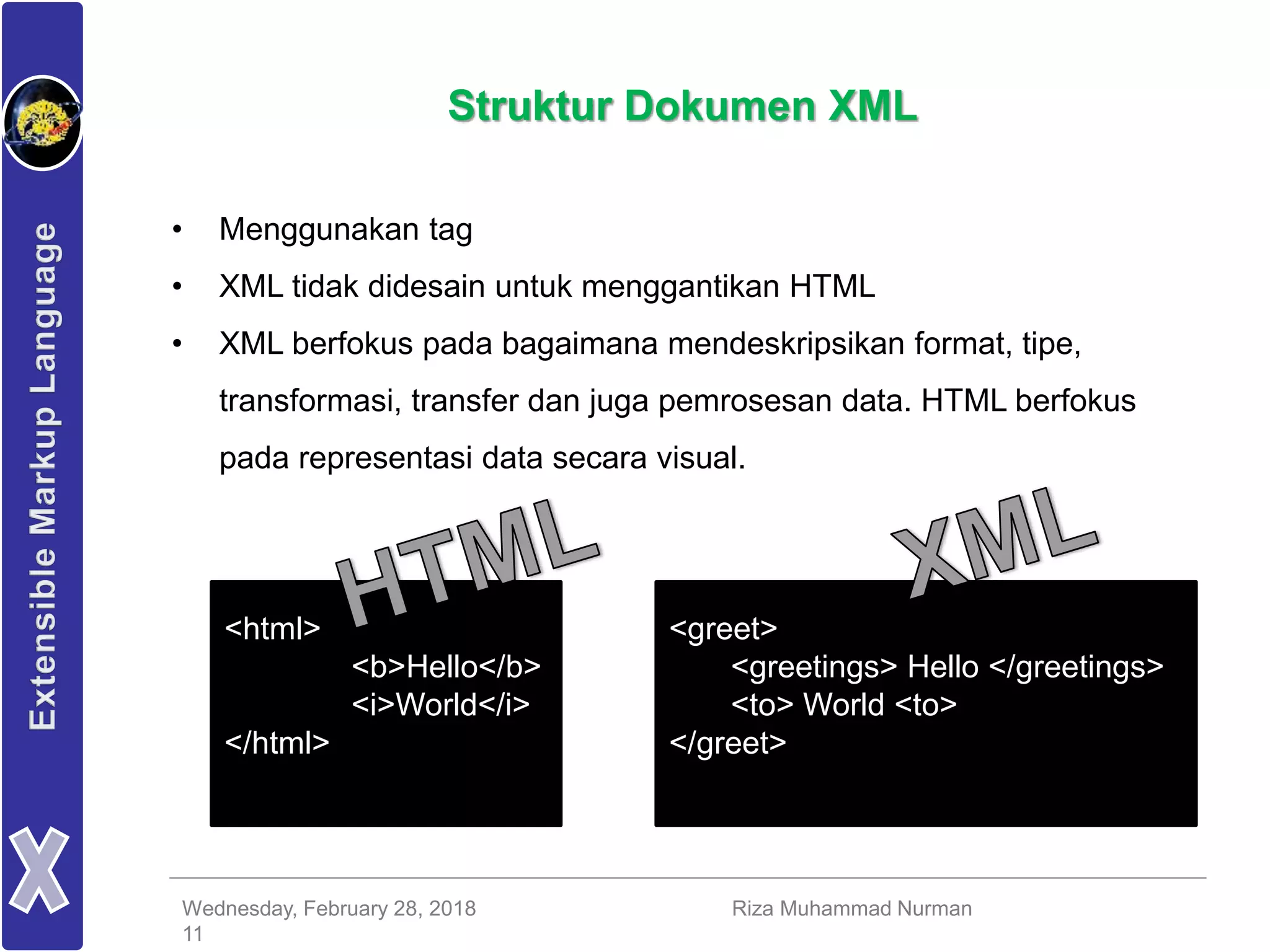 Wednesday, February 28, 2018 Riza Muhammad Nurman
11
Struktur Dokumen XML
• Menggunakan tag
• XML tidak didesain untuk menggantikan HTML
• XML berfokus pada bagaimana mendeskripsikan format, tipe,
transformasi, transfer dan juga pemrosesan data. HTML berfokus
pada representasi data secara visual.
<html>
<b>Hello</b>
<i>World</i>
</html>
<greet>
<greetings> Hello </greetings>
<to> World <to>
</greet>
 