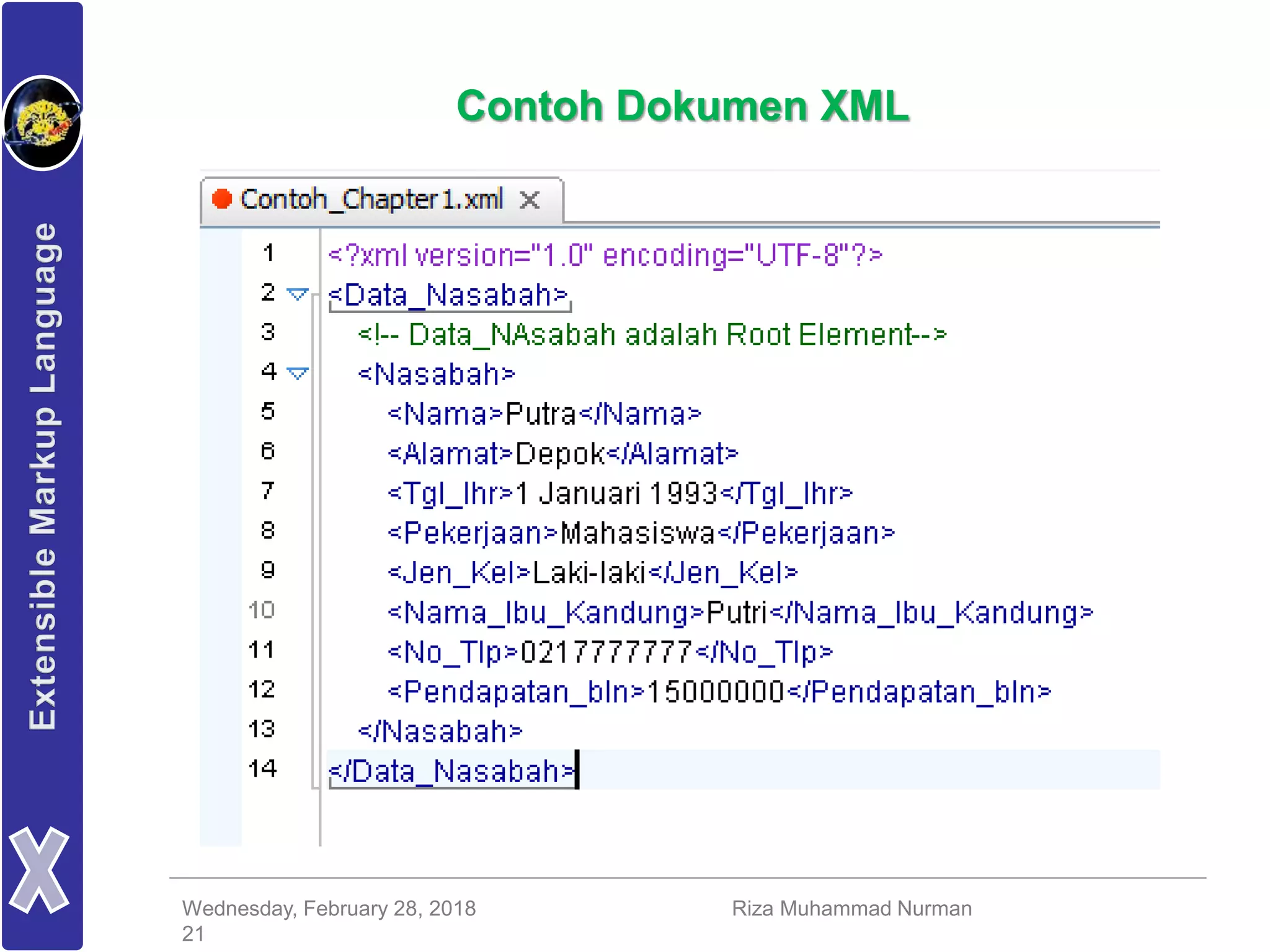 Wednesday, February 28, 2018 Riza Muhammad Nurman
21
Contoh Dokumen XML
 