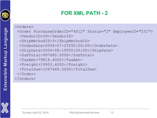 Sunday, April 22, 2018 Riza Muhammad Nurman 13
FOR XML PATH - 2
<Orders>
<Order PurchaseOrderID="4012" Status="2" EmployeeID="231">
<VendorID>29</VendorID>
<ShipMethodID>3</ShipMethodID>
<OrderDate>2004-07-25T00:00:00</OrderDate>
<ShipDate>2004-08-19T00:00:00</ShipDate>
<SubTotal>997680.0000</SubTotal>
<TaxAmt>79814.4000</TaxAmt>
<Freight>19953.6000</Freight>
<TotalDue>1097448.0000</TotalDue>
</Order>
</Orders>
 