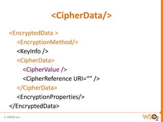 <CipherData/>
<EncryptedData >
<EncryptionMethod/>
<KeyInfo />
<CipherData>
<CipherValue />
<CipherReference URI=“” />
</CipherData>
<EncryptionProperties/>
</EncryptedData>

 