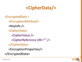 <CipherData/>
<EncryptedData >
<EncryptionMethod/>
<KeyInfo />
<CipherData>
<CipherValue />
<CipherReference URI=“” />
</CipherData>
<EncryptionProperties/>
</EncryptedData>

 