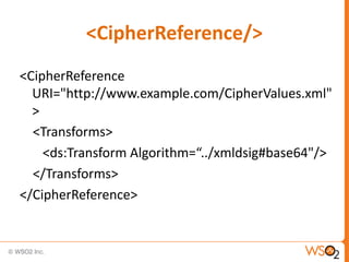 <CipherReference/>
<CipherReference
URI="http://www.example.com/CipherValues.xml"
>
<Transforms>
<ds:Transform Algorithm=“../xmldsig#base64"/>
</Transforms>
</CipherReference>

 