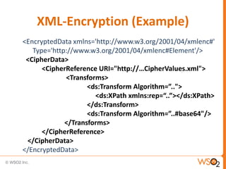 XML-Encryption (Example)
<EncryptedData xmlns='http://www.w3.org/2001/04/xmlenc#'
Type='http://www.w3.org/2001/04/xmlenc#Element'/>
<CipherData>
<CipherReference URI="http://…CipherValues.xml">
<Transforms>
<ds:Transform Algorithm=”..">
<ds:XPath xmlns:rep=“..”></ds:XPath>
</ds:Transform>
<ds:Transform Algorithm=”..#base64"/>
</Transforms>
</CipherReference>
</CipherData>
</EncryptedData>

 