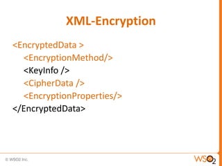 XML-Encryption
<EncryptedData >
<EncryptionMethod/>
<KeyInfo />
<CipherData />
<EncryptionProperties/>
</EncryptedData>

 