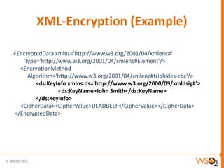 XML-Encryption (Example)
<EncryptedData xmlns='http://www.w3.org/2001/04/xmlenc#'
Type='http://www.w3.org/2001/04/xmlenc#Element'/>
<EncryptionMethod
Algorithm='http://www.w3.org/2001/04/xmlenc#tripledes-cbc'/>
<ds:KeyInfo xmlns:ds='http://www.w3.org/2000/09/xmldsig#'>
<ds:KeyName>John Smith</ds:KeyName>
</ds:KeyInfo>
<CipherData><CipherValue>DEADBEEF</CipherValue></CipherData>
</EncryptedData>

 