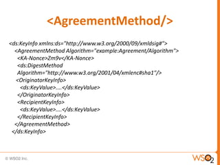 <AgreementMethod/>
<ds:KeyInfo xmlns:ds="http://www.w3.org/2000/09/xmldsig#">
<AgreementMethod Algorithm="example:Agreement/Algorithm">
<KA-Nonce>Zm9v</KA-Nonce>
<ds:DigestMethod
Algorithm="http://www.w3.org/2001/04/xmlenc#sha1"/>
<OriginatorKeyInfo>
<ds:KeyValue>....</ds:KeyValue>
</OriginatorKeyInfo>
<RecipientKeyInfo>
<ds:KeyValue>....</ds:KeyValue>
</RecipientKeyInfo>
</AgreementMethod>
</ds:KeyInfo>

 