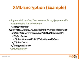 XML-Encryption (Example)
<PaymentInfo xmlns='http://example.org/paymentv2'>
<Name>John Smith</Name>
<EncryptedData
Type='http://www.w3.org/2001/04/xmlenc#Element'
xmlns='http://www.w3.org/2001/04/xmlenc#'>
<CipherData>
<CipherValue>A23B45C56</CipherValue>
</CipherData>
</EncryptedData>
</PaymentInfo>

 