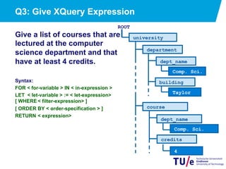 Q3: Give XQuery Expression
Give a list of courses that are
lectured at the computer
science department and that
have at least 4 credits.
Syntax:
FOR < for-variable > IN < in-expression >
LET < let-variable > := < let-expression>
[ WHERE < filter-expression> ]
[ ORDER BY < order-specification > ]
RETURN < expression>
university
department
Taylor
Comp. Sci.
course
Comp. Sci.
4
dept_name
building
credits
ROOT
dept_name
 