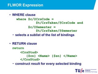 FLWOR Expression
•  WHERE clause
where $c/@CrsCode =
$t/CrsTaken/@CrsCode and
$c/@Semester =
$t/CrsTaken/@Semester
−  selects a sublist of the list of bindings
•  RETURN clause
return
<CrsStud>
{$cn} <Name> {$sn} </Name>
</CrsStud>
−  construct result for every selected binding
 