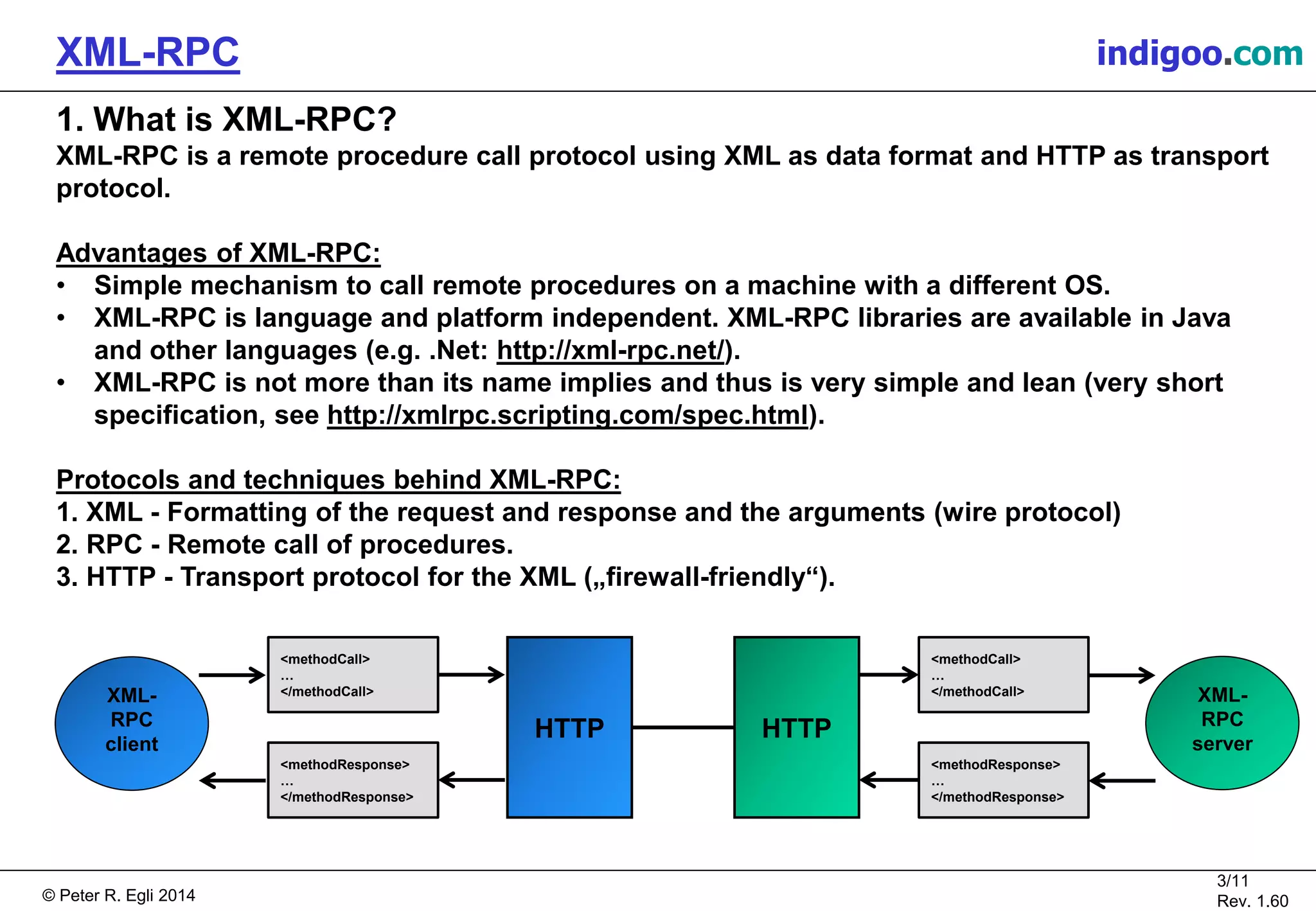 © Peter R. Egli 2015
3/11
Rev. 1.60
XML-RPC indigoo.com
1. What is XML-RPC?
XML-RPC is a remote procedure call protocol using XML as data format and HTTP as transport
protocol.
Advantages of XML-RPC:
• Simple mechanism to call remote procedures on a machine with a different OS.
• XML-RPC is language and platform independent. XML-RPC libraries are available in Java
and other languages (e.g. .Net: http://xml-rpc.net/).
• XML-RPC is not more than its name implies and thus is very simple and lean (very short
specification, see http://xmlrpc.scripting.com/spec.html).
Protocols and techniques behind XML-RPC:
1. XML - Formatting of the request and response and the arguments (wire protocol)
2. RPC - Remote call of procedures.
3. HTTP - Transport protocol for the XML („firewall-friendly“).
<methodCall>
…
</methodCall>
HTTP HTTP
<methodResponse>
…
</methodResponse>
XML-
RPC
server
XML-
RPC
client
<methodCall>
…
</methodCall>
<methodResponse>
…
</methodResponse>
 