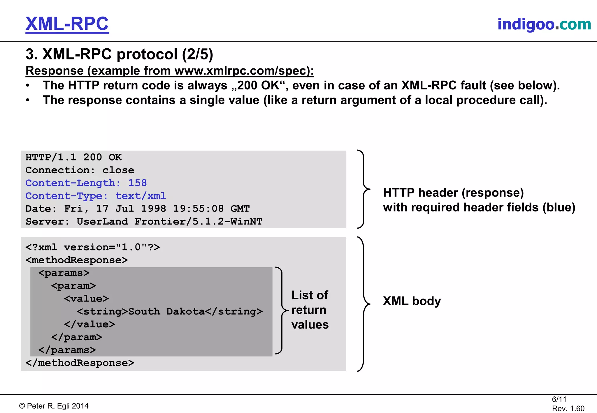 © Peter R. Egli 2015
6/11
Rev. 1.60
XML-RPC indigoo.com
List of
return
values
3. XML-RPC protocol (2/5)
Response (example from www.xmlrpc.com/spec):
• The HTTP return code is always „200 OK“, even in case of an XML-RPC fault (see below).
• The response contains a single value (like a return argument of a local procedure call).
HTTP/1.1 200 OK
Connection: close
Content-Length: 158
Content-Type: text/xml
Date: Fri, 17 Jul 1998 19:55:08 GMT
Server: UserLand Frontier/5.1.2-WinNT
<?xml version="1.0"?>
<methodResponse>
<params>
<param>
<value>
<string>South Dakota</string>
</value>
</param>
</params>
</methodResponse>
HTTP header (response)
with required header fields (blue)
XML body
 