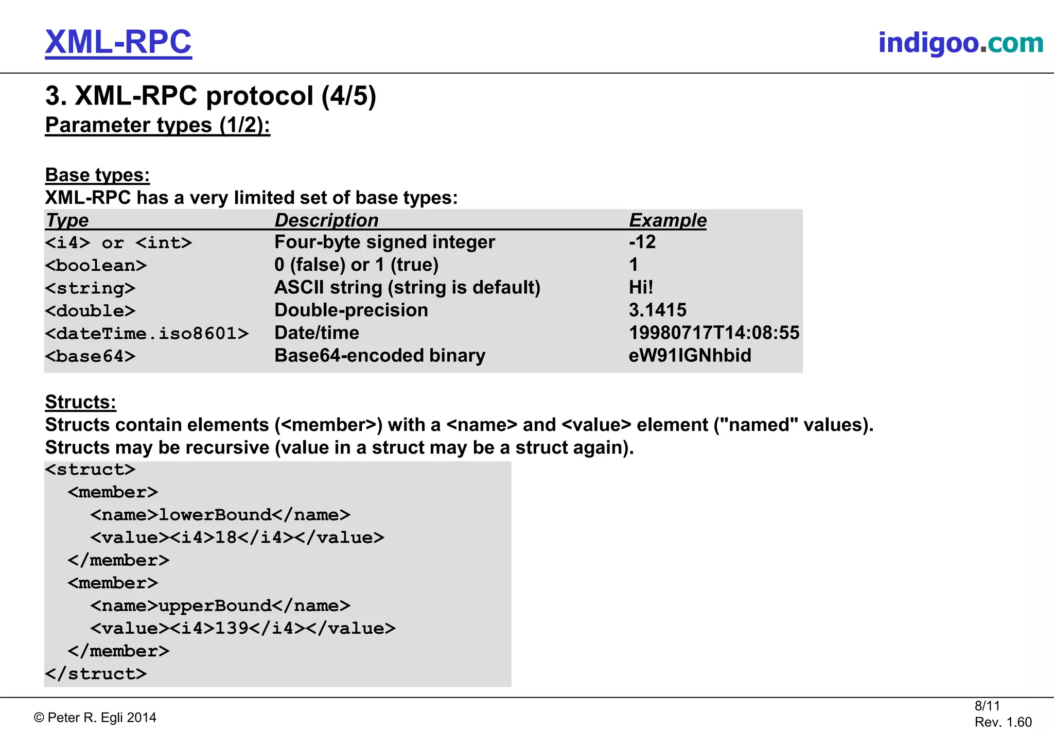 © Peter R. Egli 2015
8/11
Rev. 1.60
XML-RPC indigoo.com
3. XML-RPC protocol (4/5)
Parameter types (1/2):
Base types:
XML-RPC has a very limited set of base types:
Type Description Example
<i4> or <int> Four-byte signed integer -12
<boolean> 0 (false) or 1 (true) 1
<string> ASCII string (string is default) Hi!
<double> Double-precision 3.1415
<dateTime.iso8601> Date/time 19980717T14:08:55
<base64> Base64-encoded binary eW91IGNhbid
Structs:
Structs contain elements (<member>) with a <name> and <value> element ("named" values).
Structs may be recursive (value in a struct may be a struct again).
<struct>
<member>
<name>lowerBound</name>
<value><i4>18</i4></value>
</member>
<member>
<name>upperBound</name>
<value><i4>139</i4></value>
</member>
</struct>
 