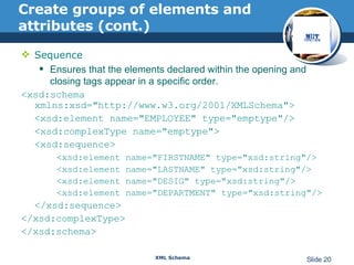Create groups of elements and attributes (cont.) Sequence Ensures that the elements declared within the opening and closing tags appear in a specific order. <xsd:schema xmlns:xsd="http://www.w3.org/2001/XMLSchema"> <xsd:element name="EMPLOYEE" type="emptype"/> <xsd:complexType name="emptype"> <xsd:sequence> <xsd:element name="FIRSTNAME" type="xsd:string"/> <xsd:element name="LASTNAME" type="xsd:string"/> <xsd:element name="DESIG" type="xsd:string"/> <xsd:element name="DEPARTMENT" type="xsd:string"/> </xsd:sequence> </xsd:complexType> </xsd:schema> 