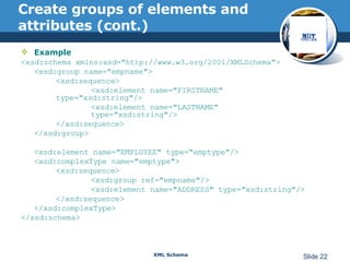 Create groups of elements and attributes (cont.) Example <xsd:schema xmlns:xsd="http://www.w3.org/2001/XMLSchema"> <xsd:group name="empname"> <xsd:sequence> <xsd:element name="FIRSTNAME"  type="xsd:string"/> <xsd:element name="LASTNAME"  type="xsd:string"/> </xsd:sequence> </xsd:group> <xsd:element name="EMPLOYEE" type="emptype"/> <xsd:complexType name="emptype"> <xsd:sequence> <xsd:group ref="empname"/> <xsd:element name="ADDRESS" type="xsd:string"/> </xsd:sequence> </xsd:complexType> </xsd:schema> 