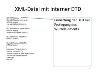 XML-Datei	mit	interner	DTD
<!DOCTYPE	katalog [
<!ELEMENT	katalog (eintrag+)>
<!ATTLIST	katalog
typ	NMTOKEN	#REQUIRED>
<!ELEMENT	eintrag (name,status)>
<!ATTLIST	eintrag
nummer CDATA	#REQUIRED>
<!ELEMENT	name (#PCDATA)>
<!ATTLIST	name>
<!ELEMENT	status (#PCDATA)>
<!ATTLIST	status>
]>
<katalog typ="Ersatzteilliste">
<eintrag nummer="1">
<name>Tragfläche	linke	Seite</name>
<status>verfügbar</status>	
</eintrag>	
</katalog>
48
Einbettung	der	DTD	mit	
Festlegung	des	
Wurzelelements
 