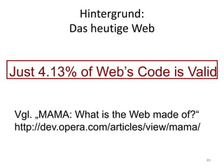 Hintergrund:
Das	heutige	Web
Vgl. „MAMA: What is the Web made of?“
http://dev.opera.com/articles/view/mama/
Just 4.13% of Web’s Code is Valid
89
 