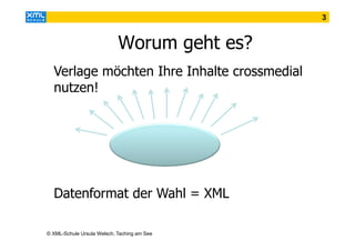 3

Worum geht es?
Verlage möchten Ihre Inhalte crossmedial
nutzen!

Datenformat der Wahl = XML
© XML-Schule Ursula Welsch, Taching am See

 