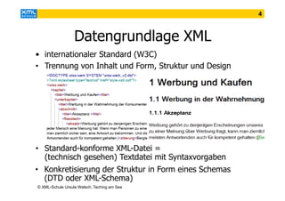 4

Datengrundlage XML
• internationaler Standard (W3C)
• Trennung von Inhalt und Form, Struktur und Design

• Standard-konforme XML-Datei =
(technisch gesehen) Textdatei mit Syntaxvorgaben
• Konkretisierung der Struktur in Form eines Schemas
(DTD oder XML-Schema)
© XML-Schule Ursula Welsch, Taching am See

 