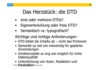 6

Das Herzstück: die DTD
•
•
•

eine oder mehrere DTDs?
Eigenentwicklung oder freie DTD?
Semantisch vs. typografisch?

Wichtige und richtige Anforderungen:
• DTD bildet die Inhalte ab – nicht das Printwerk
• Semantik so viel wie notwendig für geplante
Anwendungen
• Inhaltsmodelle so eng wie möglich für hohe
Datenqualität
• Unterstützung von Autor, Redaktion und
© XML-Schule Ursula Welsch, Taching am See
Produktion

 