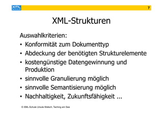7

XML-Strukturen
Auswahlkriterien:
• Konformität zum Dokumenttyp
• Abdeckung der benötigten Strukturelemente
• kostengünstige Datengewinnung und
Produktion
• sinnvolle Granulierung möglich
• sinnvolle Semantisierung möglich
• Nachhaltigkeit, Zukunftsfähigkeit ...
© XML-Schule Ursula Welsch, Taching am See

 