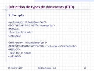 Définition de types de documents (DTD) Exemples : <?xml version=1.0 standalone="yes"?> <!DOCTYPE MESSAGE SYSTEM "message.dtd">  <MESSAGE> Salut tout le monde </MESSAGE> <?xml version=1.0 standalone="yes"?> <!DOCTYPE MESSAGE SYSTEM "http://unl.unige.ch/message.dtd">  <MESSAGE> Salut tout le monde </MESSAGE> 18 décembre 2004 Saïd Radhouani - CUI 