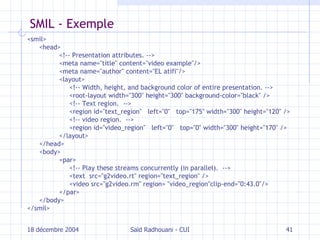 SMIL - Exemple <smil> <head> <!-- Presentation attributes. --> <meta name="title" content="video example"/> <meta name="author" content="EL atifi"/> <layout>   <!-- Width, height, and background color of entire presentation. -->   <root-layout width="300" height="300" background-color="black" />   <!-- Text region.  -->   <region id="text_region"  left="0"  top="175" width="300" height="120" />   <!-- video region.  -->   <region id="video_region"  left="0"  top="0" width="300" height="170" /> </layout> </head> <body> <par>   <!-- Play these streams concurrently (in parallel).  -->   <text  src="g2video.rt" region="text_region" />   <video src="g2video.rm" region= "video_region"clip-end="0:43.0"/> </par> </body> </smil> 18 décembre 2004 Saïd Radhouani - CUI 