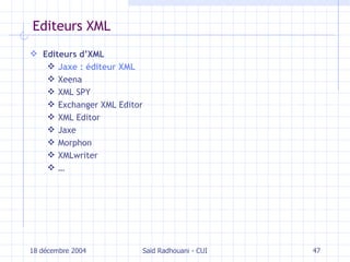 Editeurs XML Editeurs d’XML Jaxe : éditeur XML   Xeena XML SPY Exchanger XML Editor  XML Editor  Jaxe Morphon XMLwriter  … 18 décembre 2004 Saïd Radhouani - CUI 