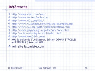 Références http://www.chez.com/xml/ http://www.toutestfacile.com http://www.w3c.org/XML/   http://www.w3schools.com/svg/svg_examples.asp http://www.w3.org/Math/implementations.html http://www.yoyodesign.org/doc/w3c/w3c.html http://apia.u-strasbg.fr/vrml/index.html   http://www.web3d-fr.com/ XML le guide de l’utilisateur. Edition OSMAN EYROLLES MULTIMEDIA (Livre sur XML) voir site laltruiste.com 18 décembre 2004 Saïd Radhouani - CUI 