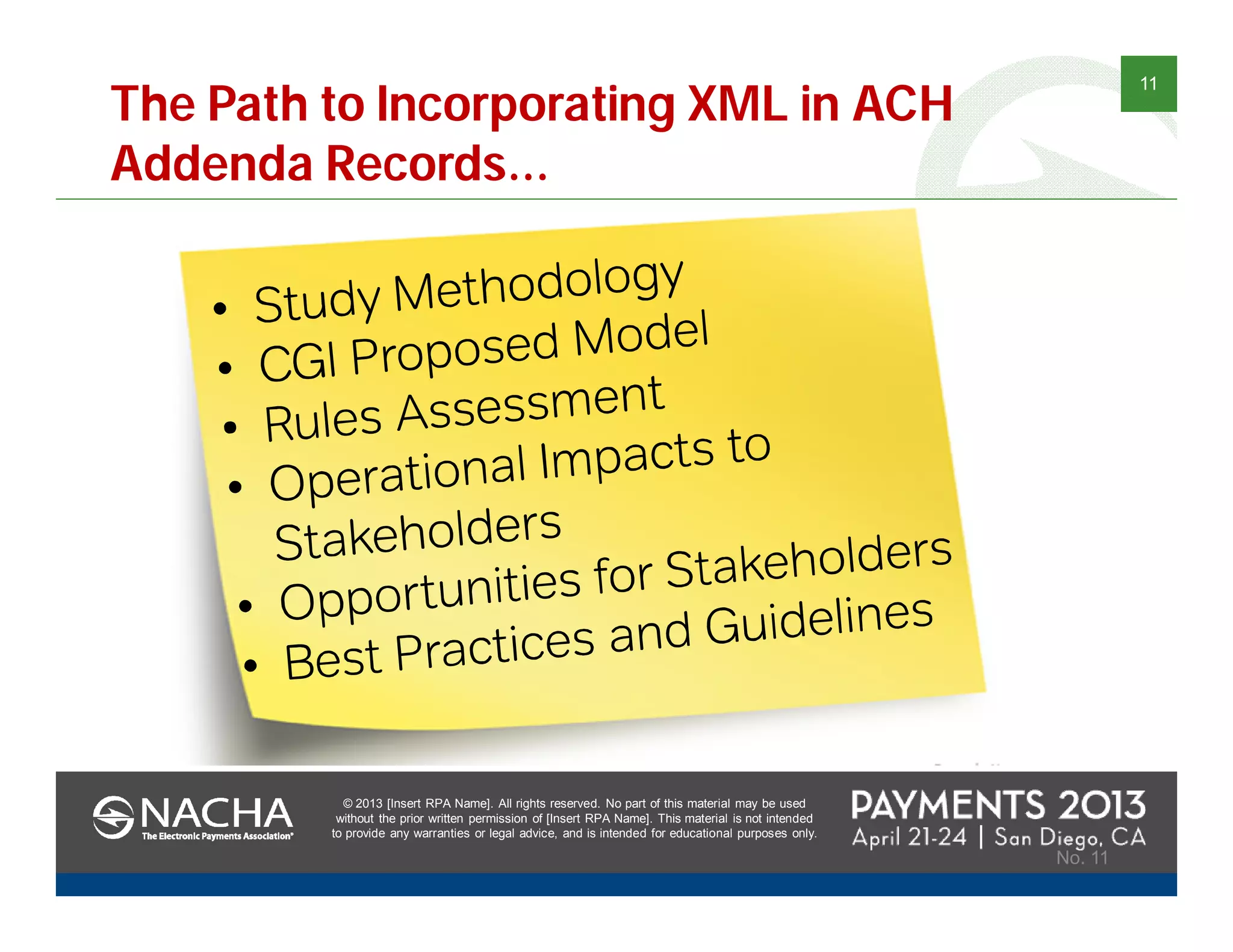 © 2013 [Insert RPA Name]. All rights reserved. No part of this material may be used
without the prior written permission of [Insert RPA Name]. This material is not intended
to provide any warranties or legal advice, and is intended for educational purposes only.
11
© 2013 [Insert RPA Name]. All rights reserved. No part of this material may be used
without the prior written permission of [Insert RPA Name]. This material is not intended
to provide any warranties or legal advice, and is intended for educational purposes only.
No. 11
The Path to Incorporating XML in ACH
Addenda Records…
 