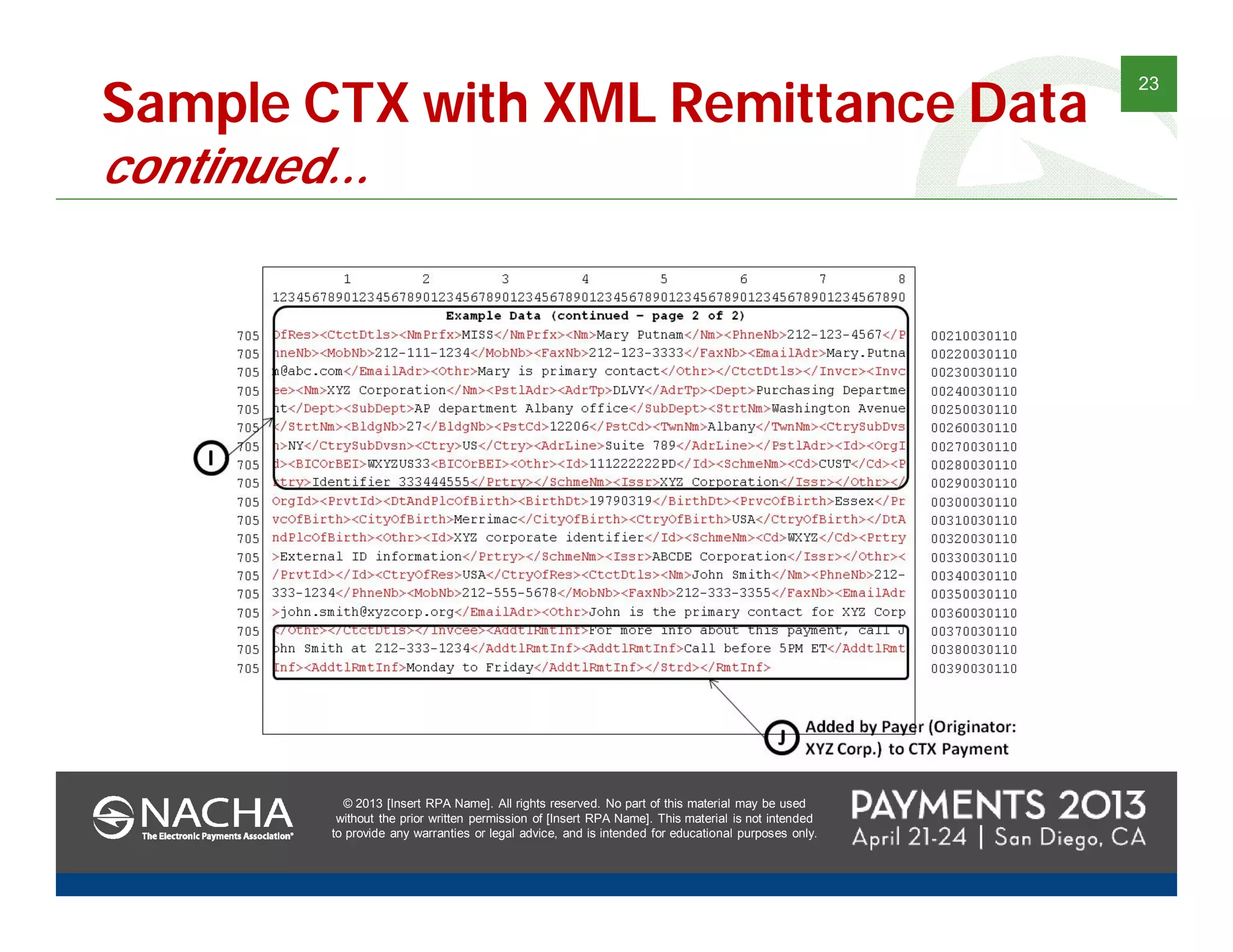 © 2013 [Insert RPA Name]. All rights reserved. No part of this material may be used
without the prior written permission of [Insert RPA Name]. This material is not intended
to provide any warranties or legal advice, and is intended for educational purposes only.
23
© 2013 [Insert RPA Name]. All rights reserved. No part of this material may be used
without the prior written permission of [Insert RPA Name]. This material is not intended
to provide any warranties or legal advice, and is intended for educational purposes only.
Sample CTX with XML Remittance Data
continued…
 
