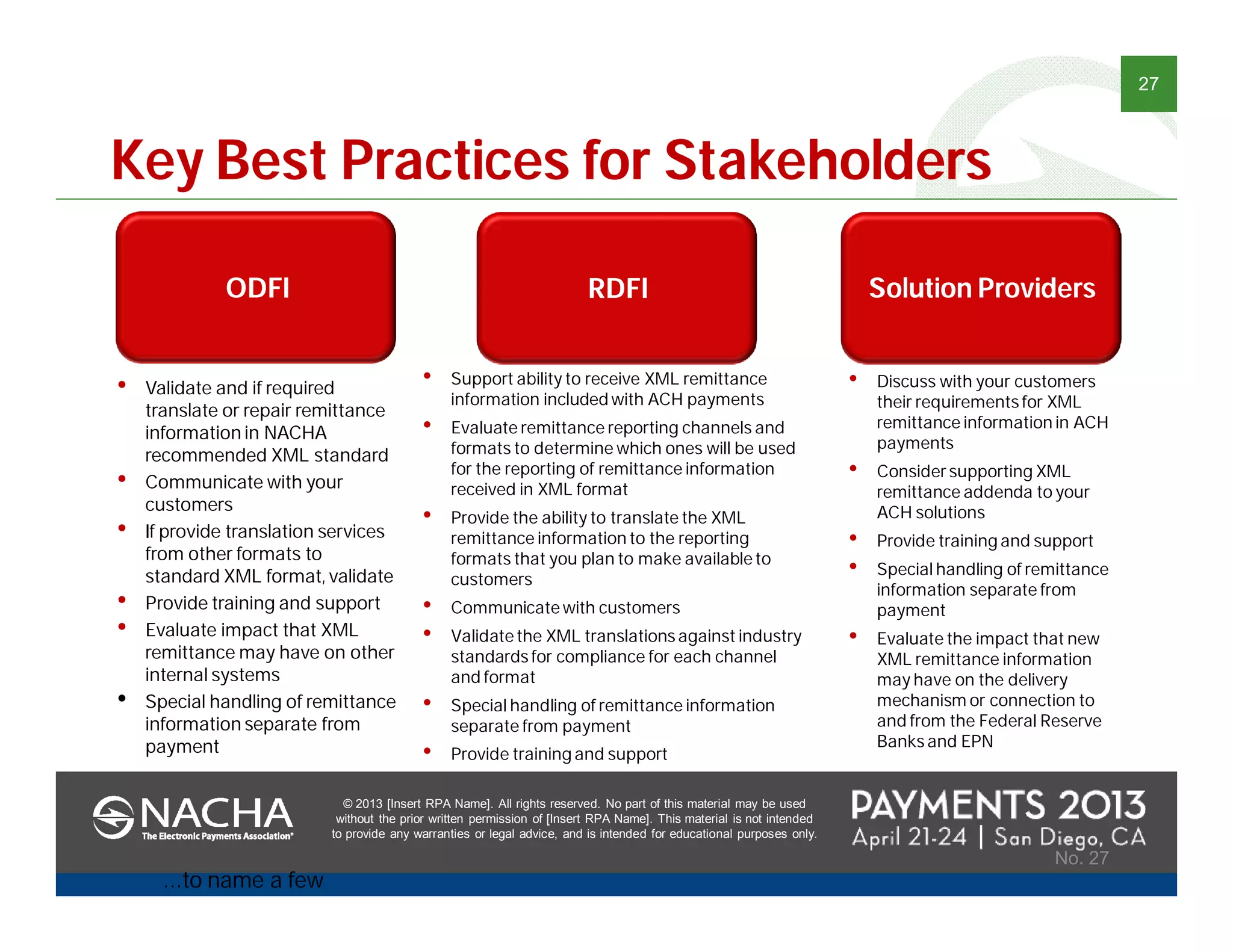 © 2013 [Insert RPA Name]. All rights reserved. No part of this material may be used
without the prior written permission of [Insert RPA Name]. This material is not intended
to provide any warranties or legal advice, and is intended for educational purposes only.
27
© 2013 [Insert RPA Name]. All rights reserved. No part of this material may be used
without the prior written permission of [Insert RPA Name]. This material is not intended
to provide any warranties or legal advice, and is intended for educational purposes only.
No. 27
Key Best Practices for Stakeholders
• Validate and if required
translate or repair remittance
information in NACHA
recommended XML standard
• Communicate with your
customers
• If provide translation services
from other formats to
standard XML format, validate
• Provide training and support
• Evaluate impact that XML
remittance may have on other
internal systems
• Special handling of remittance
information separate from
payment
ODFI
• Support ability to receive XML remittance
information included with ACH payments
• Evaluate remittance reporting channels and
formats to determine which ones will be used
for the reporting of remittance information
received in XML format
• Provide the ability to translate the XML
remittance information to the reporting
formats that you plan to make available to
customers
• Communicate with customers
• Validate the XML translationsagainst industry
standardsfor compliance for each channel
and format
• Special handling of remittance information
separate from payment
• Provide training and support
• Discuss with your customers
their requirementsfor XML
remittance information in ACH
payments
• Consider supporting XML
remittance addenda to your
ACH solutions
• Provide training and support
• Special handling of remittance
information separate from
payment
• Evaluate the impact that new
XML remittance information
may have on the delivery
mechanism or connection to
and from the Federal Reserve
Banksand EPN
…to name a few
RDFI Solution Providers
 