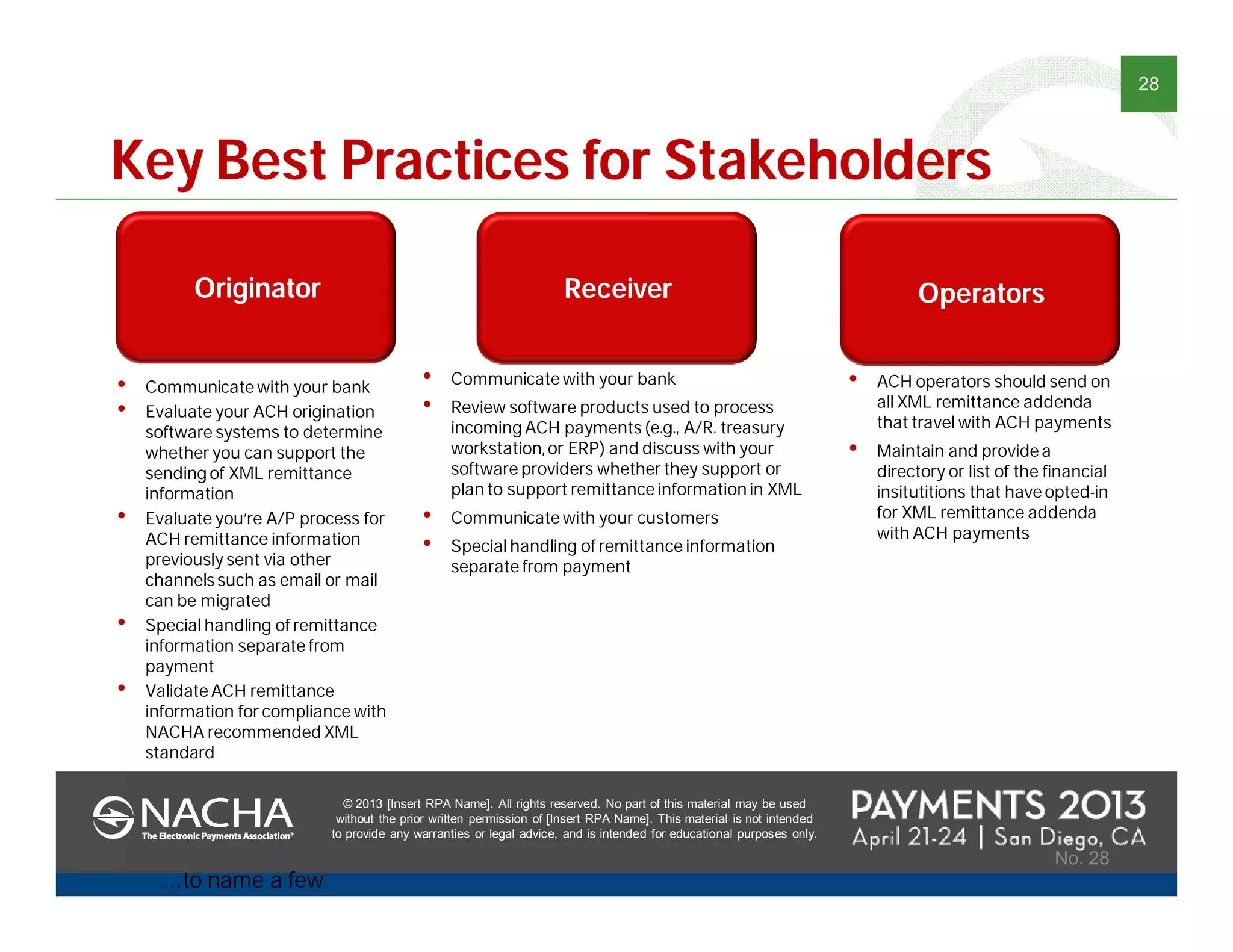 © 2013 [Insert RPA Name]. All rights reserved. No part of this material may be used
without the prior written permission of [Insert RPA Name]. This material is not intended
to provide any warranties or legal advice, and is intended for educational purposes only.
28
© 2013 [Insert RPA Name]. All rights reserved. No part of this material may be used
without the prior written permission of [Insert RPA Name]. This material is not intended
to provide any warranties or legal advice, and is intended for educational purposes only.
No. 28
Key Best Practices for Stakeholders
• Communicate with your bank
• Evaluate your ACH origination
software systems to determine
whether you can support the
sending of XML remittance
information
• Evaluate you’re A/P process for
ACH remittance information
previously sent via other
channelssuch as email or mail
can be migrated
• Special handling of remittance
information separate from
payment
• Validate ACH remittance
information for compliance with
NACHA recommended XML
standard
Originator
• Communicate with your bank
• Review software products used to process
incoming ACH payments(e.g., A/R. treasury
workstation, or ERP) and discuss with your
software providers whether they support or
plan to support remittance information in XML
• Communicate with your customers
• Special handling of remittance information
separate from payment
• ACH operators should send on
all XML remittance addenda
that travel with ACH payments
• Maintain and provide a
directory or list of the financial
insitutitions that have opted-in
for XML remittance addenda
with ACH payments
…to name a few
Receiver Operators
 