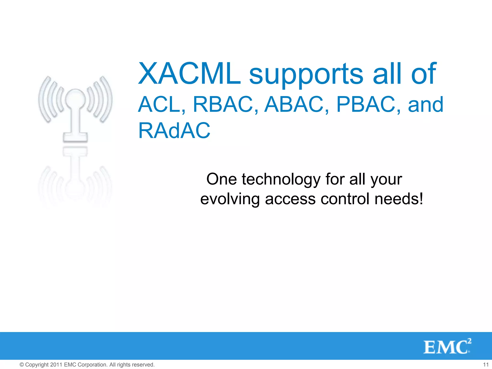 XACML supports all of
                                               ACL, RBAC, ABAC, PBAC, and
                                               RAdAC

                                                          One technology for all your
                                                         evolving access control needs!




© Copyright 2011 EMC Corporation. All rights reserved.                                    11
 