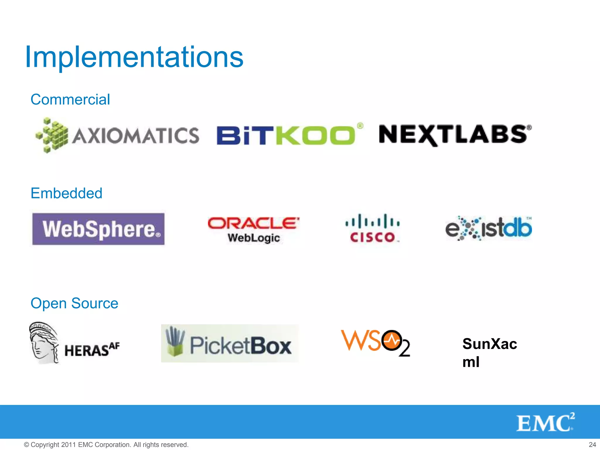 Implementations
  Commercial




  Embedded




  Open Source

                                                         SunXac
                                                         ml




© Copyright 2011 EMC Corporation. All rights reserved.            24
 