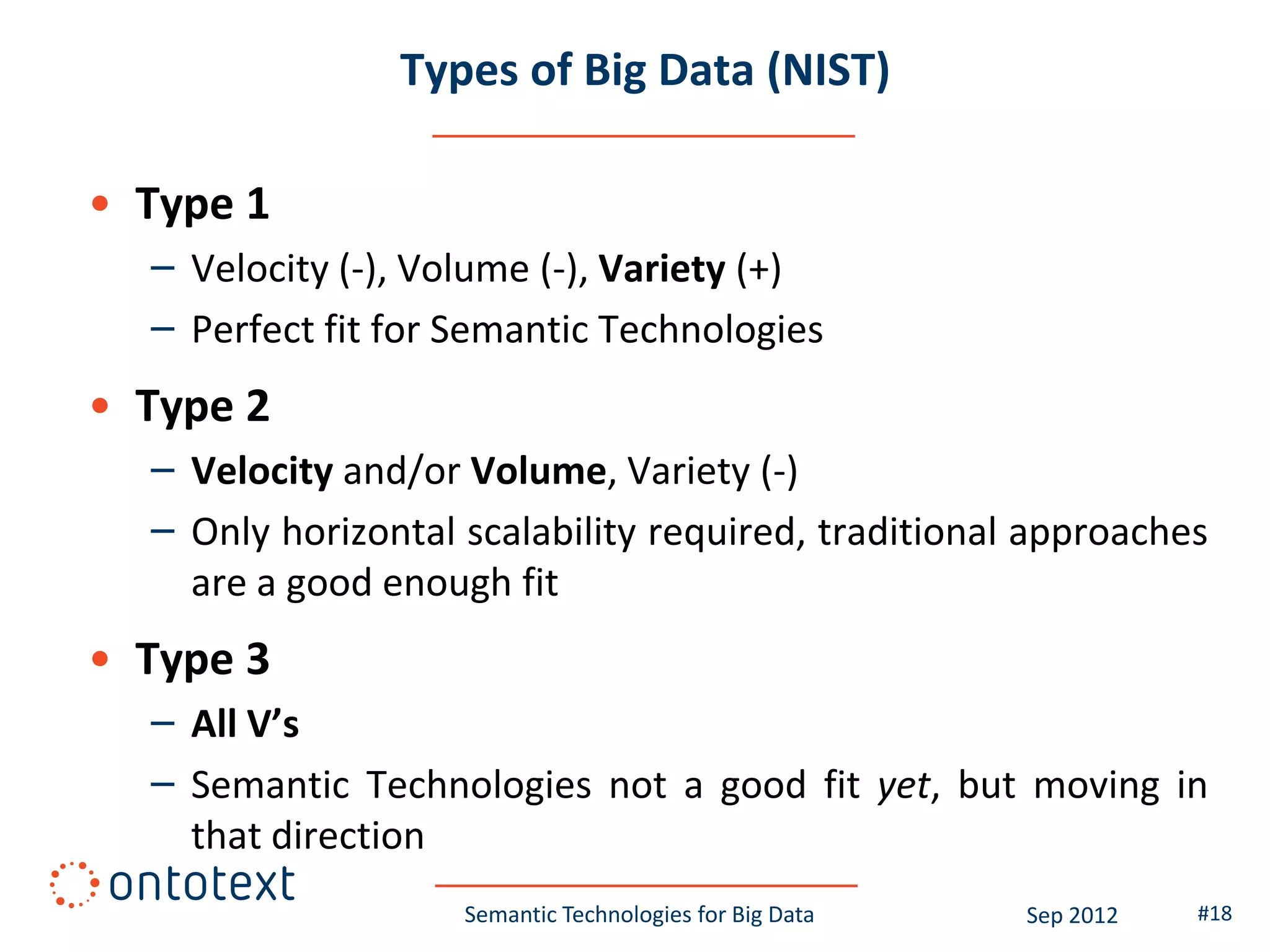 Types of Big Data (NIST)

• Type 1
  – Velocity (-), Volume (-), Variety (+)
  – Perfect fit for Semantic Technologies
• Type 2
  – Velocity and/or Volume, Variety (-)
  – Only horizontal scalability required, traditional approaches
    are a good enough fit
• Type 3
  – All V’s
  – Semantic Technologies not a good fit yet, but moving in
    that direction
                    Semantic Technologies for Big Data   Sep 2012   #18
 