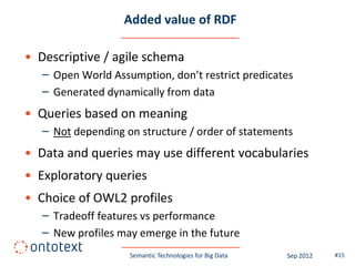 Added value of RDF

• Descriptive / agile schema
   – Open World Assumption, don’t restrict predicates
   – Generated dynamically from data
• Queries based on meaning
   – Not depending on structure / order of statements
• Data and queries may use different vocabularies
• Exploratory queries
• Choice of OWL2 profiles
   – Tradeoff features vs performance
   – New profiles may emerge in the future
                    Semantic Technologies for Big Data   Sep 2012   #15
 