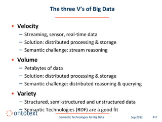 The three V’s of Big Data

• Velocity
  – Streaming, sensor, real-time data
  – Solution: distributed processing & storage
  – Semantic challenge: stream reasoning
• Volume
  – Petabytes of data
  – Solution: distributed processing & storage
  – Semantic challenge: distributed reasoning & querying
• Variety
  – Structured, semi-structured and unstructured data
  – Semantic Technologies (RDF) are a good fit
                    Semantic Technologies for Big Data   Sep 2012   #17
 