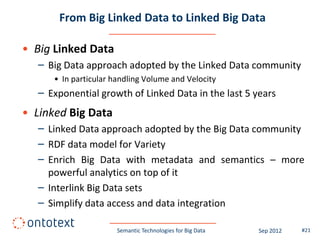 From Big Linked Data to Linked Big Data

• Big Linked Data
   – Big Data approach adopted by the Linked Data community
      • In particular handling Volume and Velocity
   – Exponential growth of Linked Data in the last 5 years
• Linked Big Data
   – Linked Data approach adopted by the Big Data community
   – RDF data model for Variety
   – Enrich Big Data with metadata and semantics – more
     powerful analytics on top of it
   – Interlink Big Data sets
   – Simplify data access and data integration

                       Semantic Technologies for Big Data   Sep 2012   #21
 